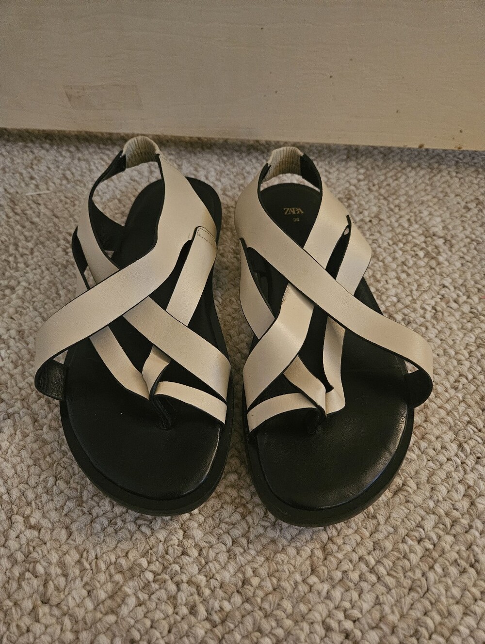 Zara Cream Crisscross Strap Sandals with Black Footbed